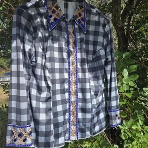 Black and White Checkered Shirt with Blue and Gold Accents